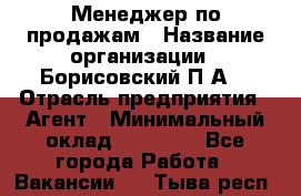 Менеджер по продажам › Название организации ­ Борисовский П.А. › Отрасль предприятия ­ Агент › Минимальный оклад ­ 25 000 - Все города Работа » Вакансии   . Тыва респ.